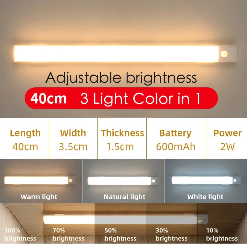 LED Motion Sensor Under-Cabinet Light - USB-C Rechargeable Wireless Night Lamp (10/20/30/40 cm | 4/8/12/16 in)