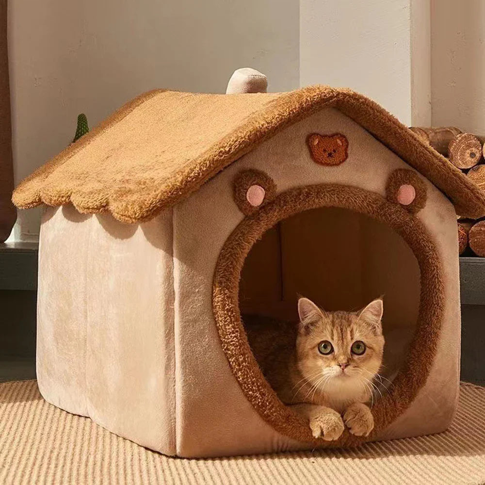 Teddy Bear Plush Enclosed Pet Bed – Cozy Cat & Small Dog Nest, Brown