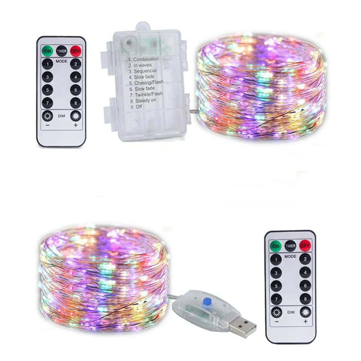 Copper Wire LED Fairy String Lights USB & Battery Operated with Remote — 5m / 10m / 20m (16.4ft / 32.8ft / 65.6ft) Dimmable Warm White & Multicolor