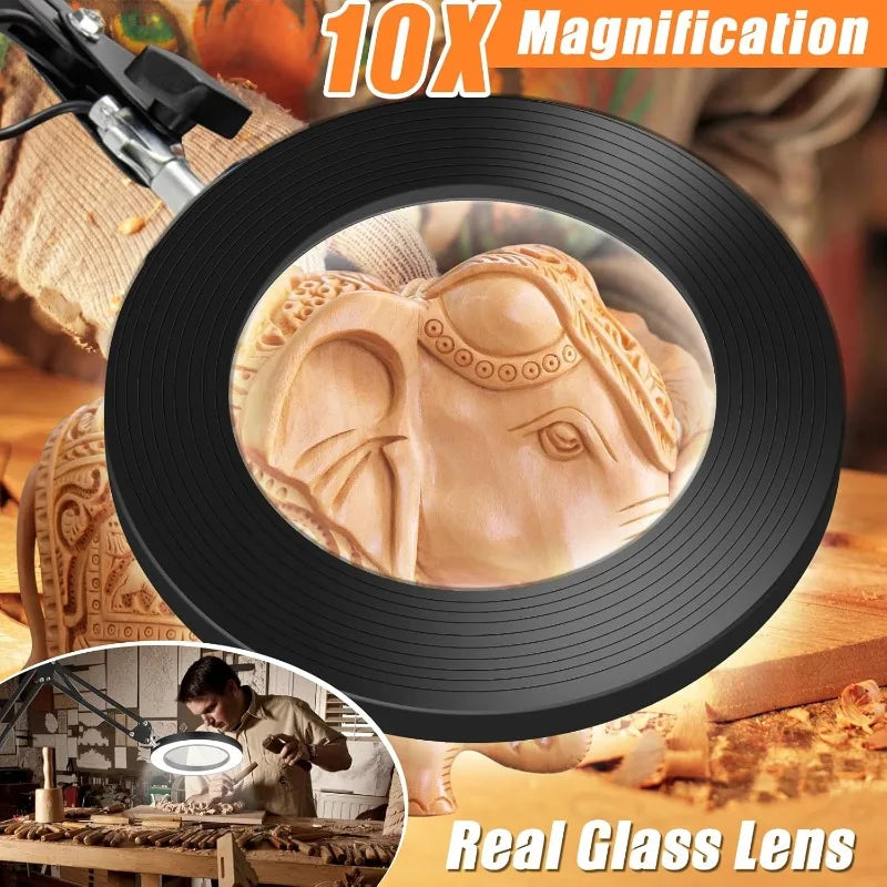 10x LED Magnifying Lamp 4.3-inch (110 mm) Glass Lens, 72-LED Dimmer, Swing Arm with Clamp & Weighted Base — 2-in-1 Desk Light for Crafts, Reading, Jewelry Repair