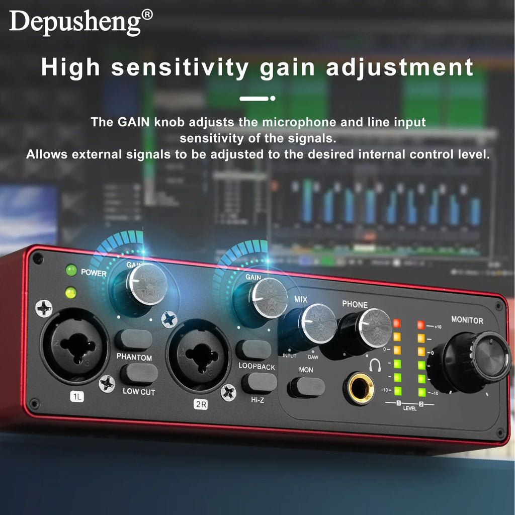 2-Channel USB Audio Interface with 48V Phantom Power for Live Streaming, Studio Recording & Podcasts