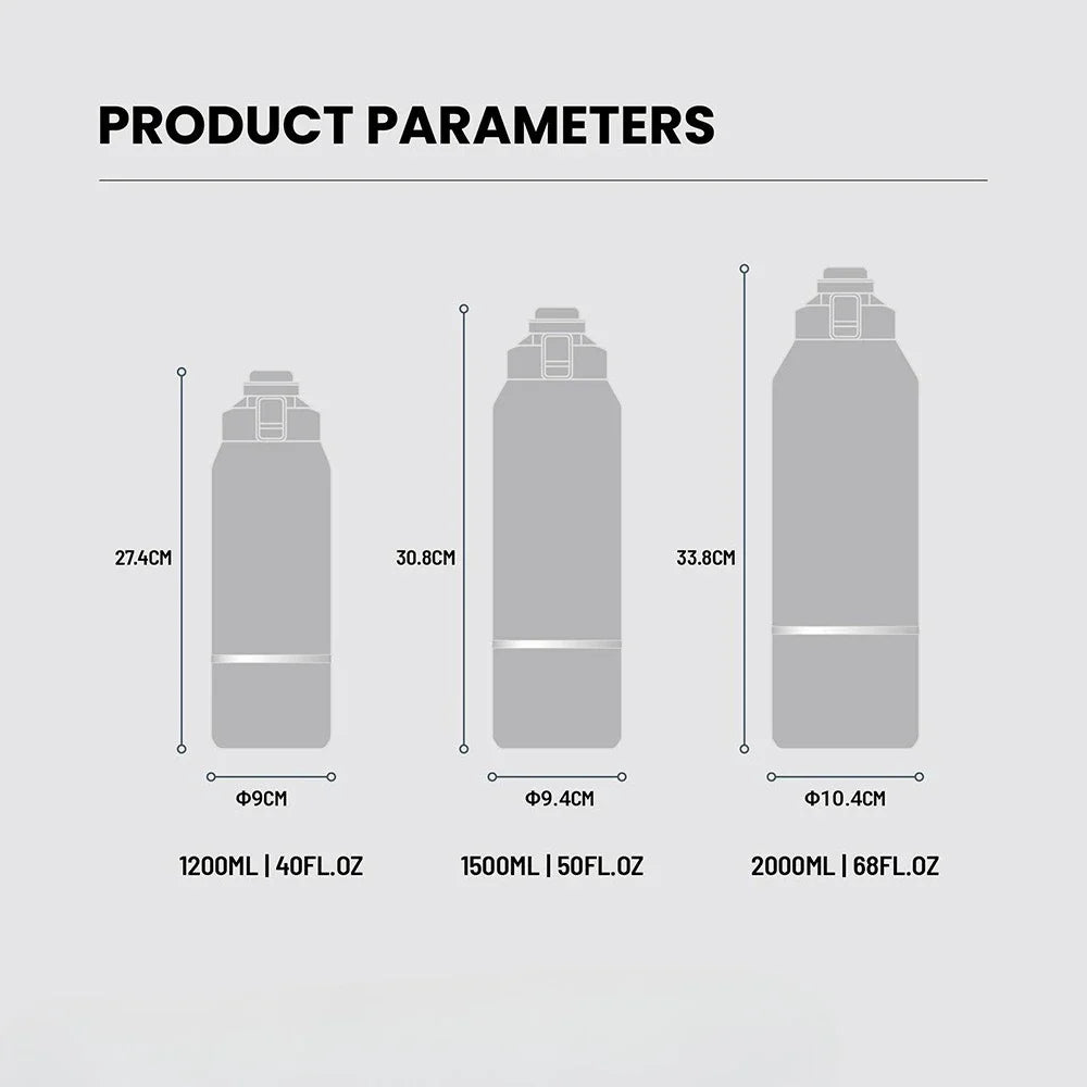 Insulated Stainless Steel Water Bottle - 40/51/68oz (1200/1500/2000ml) Travel Mug with Handle & Leak-Proof Pop-Up Lid for Hiking