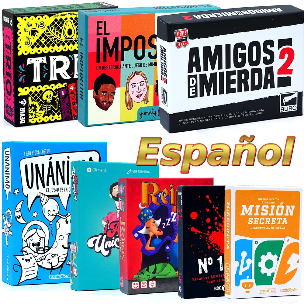 Spanish Card Game Bundle – Party & Family Games Set: Trio, Party Friends, The Imposter, Arre Unicorn, Black Stories, Unanimous, Sleeping Queens