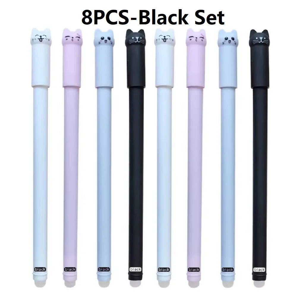 4/6/12-Pack Kawaii Cat Erasable Gel Pens 0.5mm Black & Blue Ink Refillable Cute School & Office Stationery