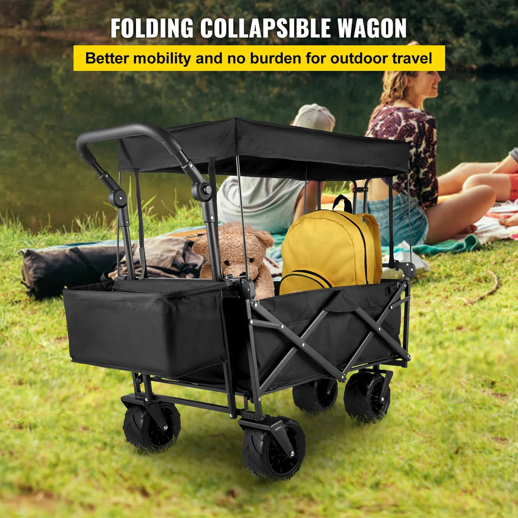 Folding Collapsible Wagon Cart with Adjustable Handle, Removable Canopy — 600D Oxford Utility Beach & Camping Cart