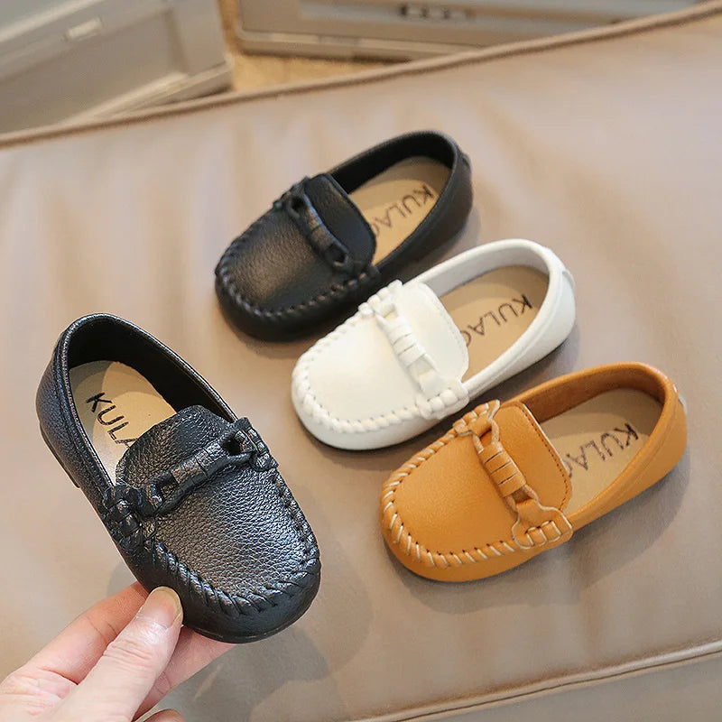 Kids Black & White PU Leather Slip-On Loafers — Formal School Party Moccasins (EU 21-30)