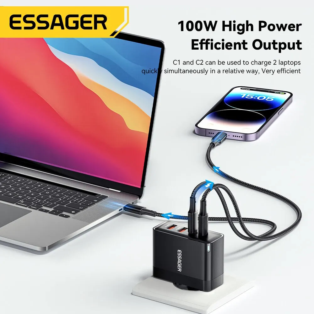 100W GaN 4-Port USB-C PD & QC Fast Charger (2 USB-C, 2 USB-A) — Power Delivery for Laptops, Phones & Tablets