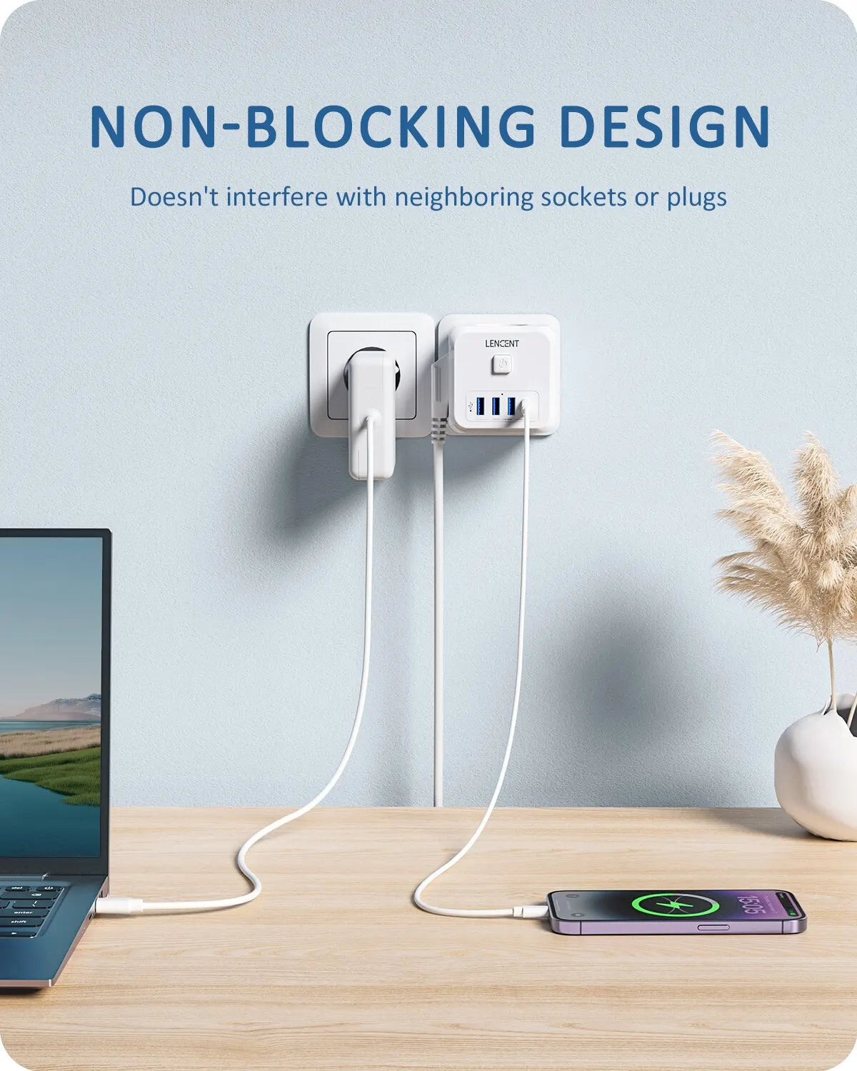7-in-1 EU Wall Socket Extender - 3 AC Outlets, 3 USB-A & 1 USB-C with On/Off Switch