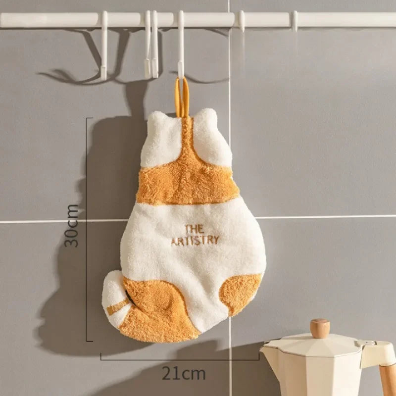 Cute Cat Hanging Hand Towel - Soft Absorbent Coral Fleece Kitchen & Bathroom Towel 30 x 21 cm (11.8 x 8.3 in)