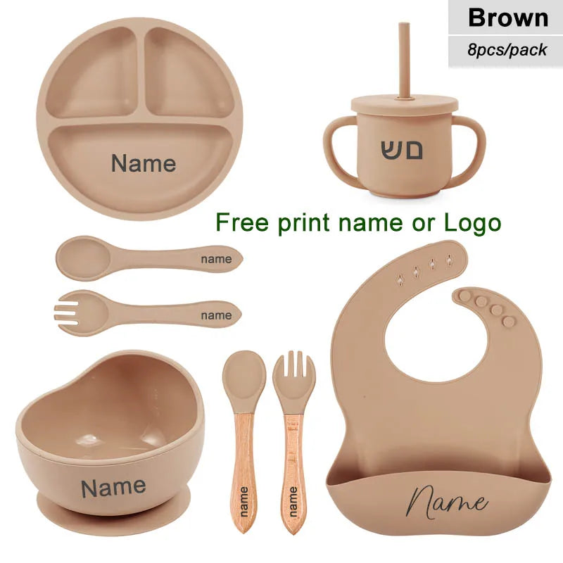 8-Piece Silicone Baby Feeding Set with Suction Plate, Bowl & Straw Cup — Personalized Kids Tableware, BPA-Free