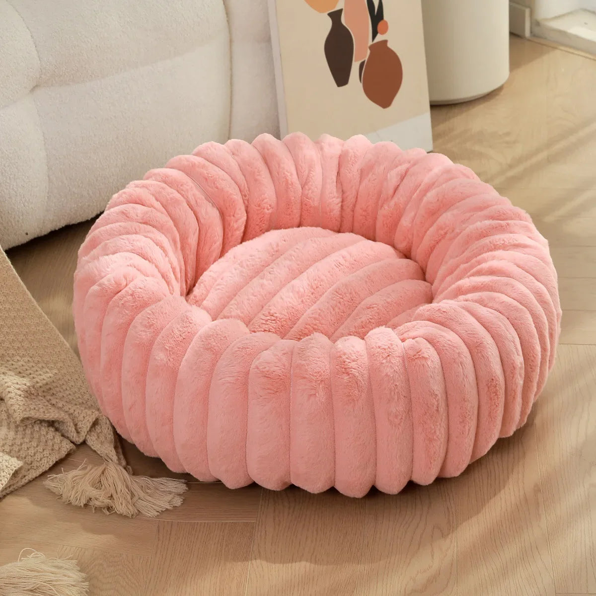 Large Round Pet Bed – Washable Faux Fur Dog & Cat Sofa, All-Season Cozy Plush