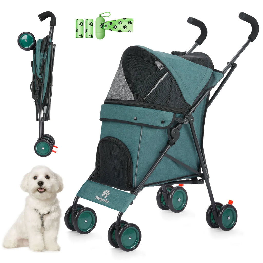 4-Wheel Pet Stroller for Dogs & Cats with Rotating Front Wheels, Brakes and Storage for Travel & Outdoor