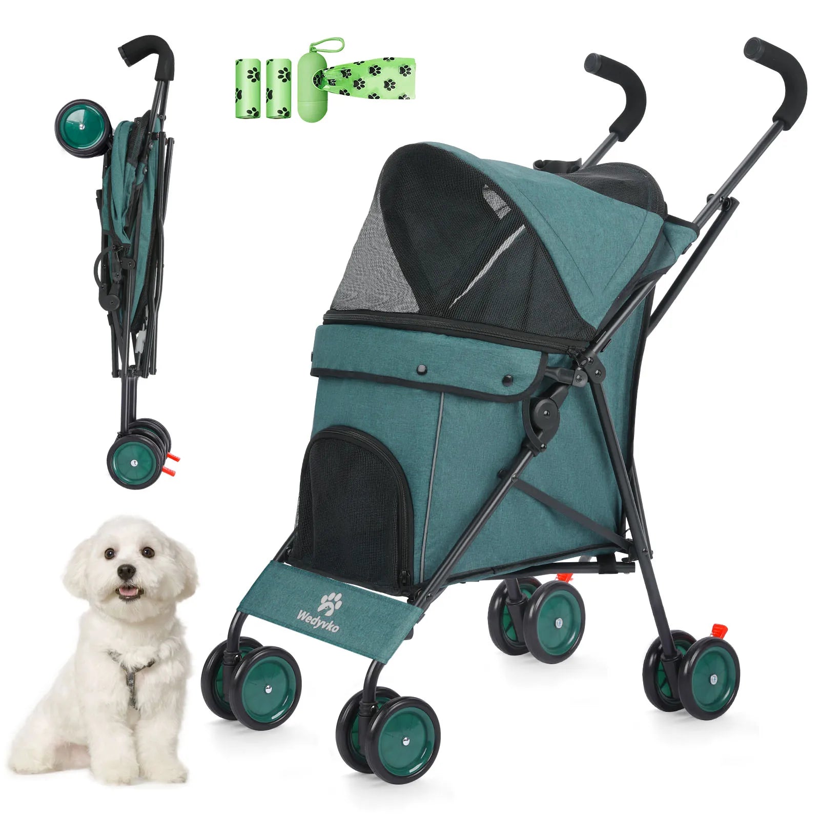 4-Wheel Pet Stroller for Dogs & Cats with Rotating Front Wheels, Brakes and Storage for Travel & Outdoor