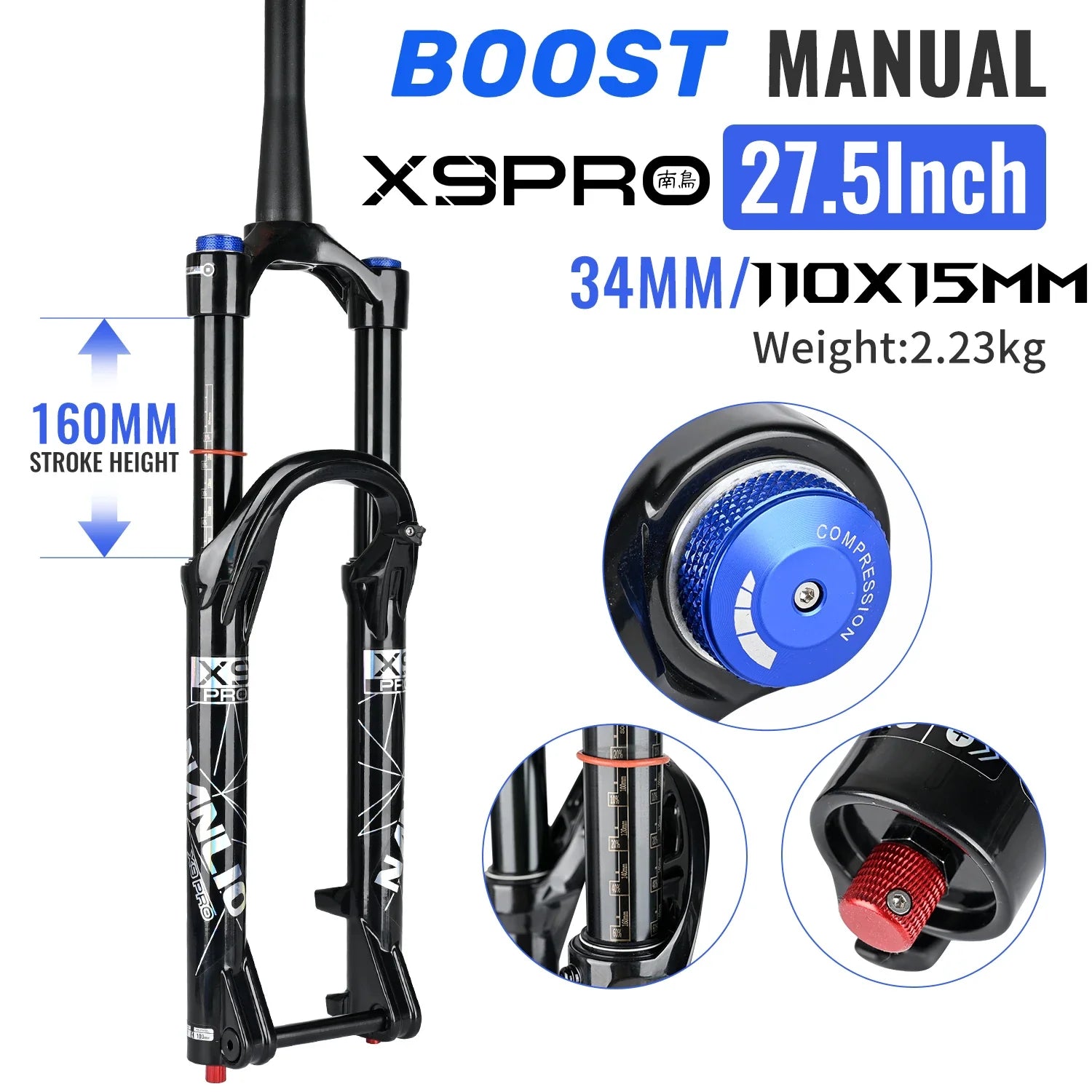 34mm MTB Suspension Fork for 26/27.5/29 in Wheels, Oil & Air Damping, 140/160mm (5.5/6.3 in) Travel with Metal Bushings