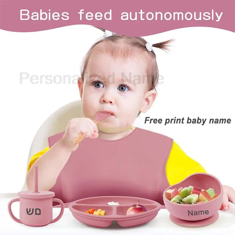 8-Piece Silicone Baby Feeding Set with Suction Plate, Bowl & Straw Cup — Personalized Kids Tableware, BPA-Free