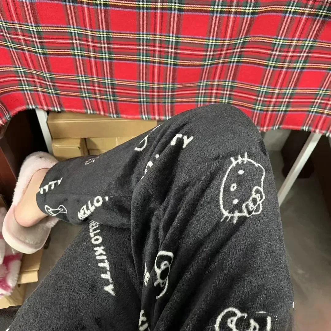 Hello Kitty Flannel Pajama Pants – Kawaii Cartoon Velvet Lounge Pants for Girls & Women, Fall Winter Home