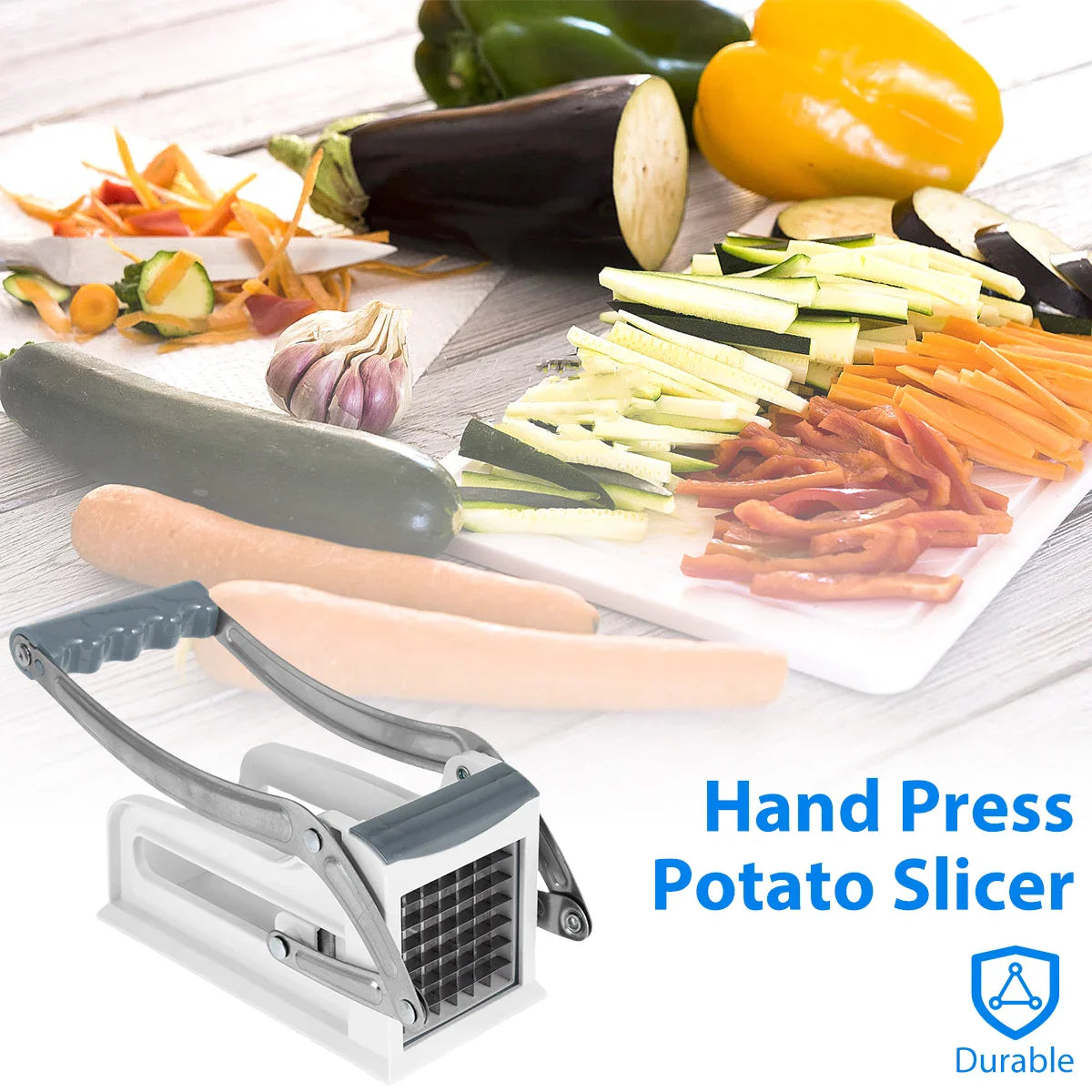 French Fry Cutter Stainless Steel Potato Chipper with 25 & 49-Hole Blades - Manual Vegetable Slicer with Suction Base