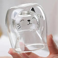 Cute Cat Double-Wall Insulated Glass Coffee Mug with Handle, Cartoon Couple Teacup for Home & Office
