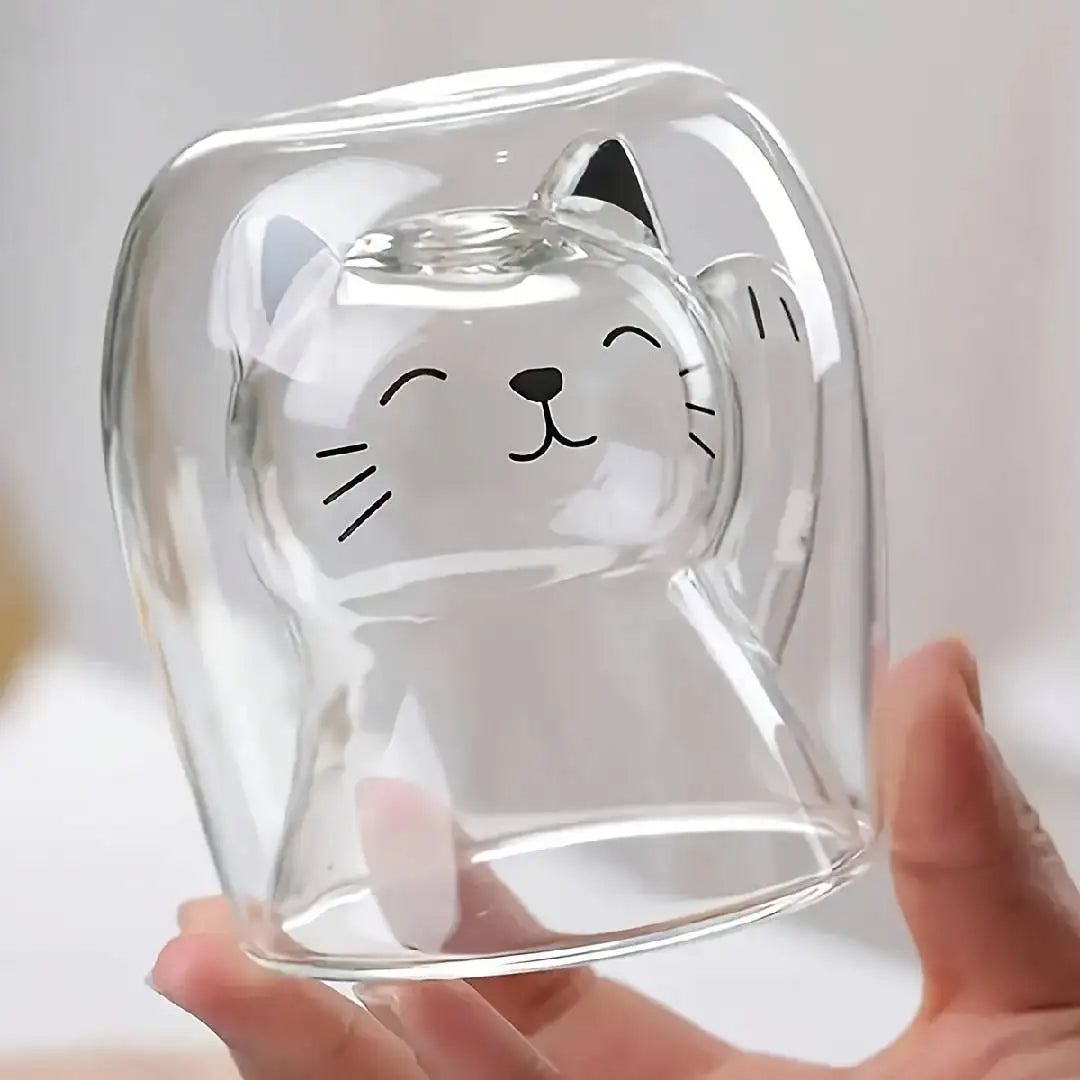 Cute Cat Double-Wall Insulated Glass Coffee Mug with Handle, Cartoon Couple Teacup for Home & Office