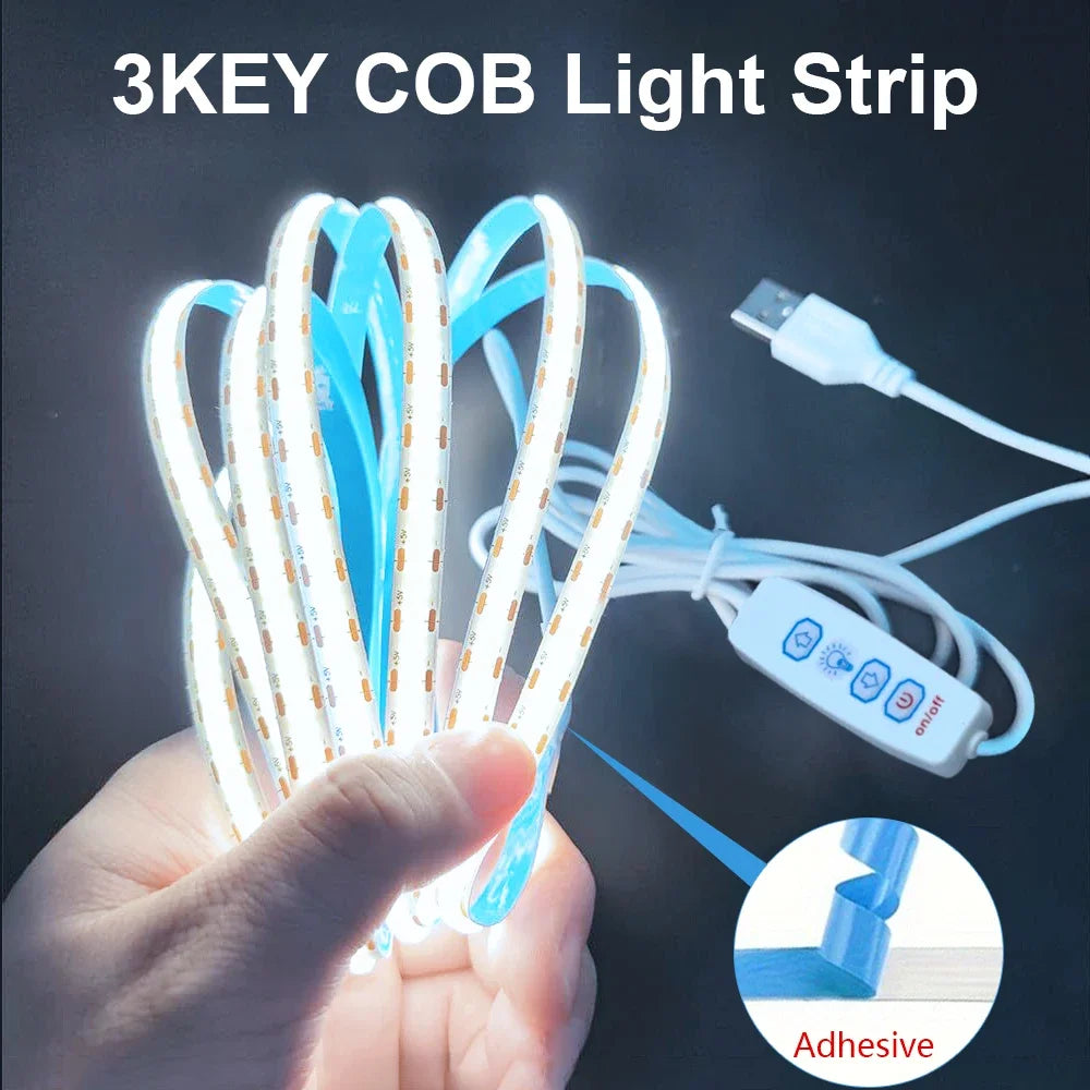 USB 5V COB LED Strip Light, Dimmable, 320 LEDs/m (≈98 LEDs/ft), Self-Adhesive Flexible Ribbon for Kitchen Cabinet Mirror Bedroom