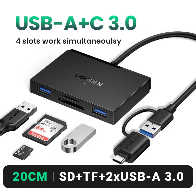 4-in-1 USB 3.0 & USB-C Card Reader – SD / MicroSD (TF) / CF / MS Multi-Card Adapter, OTG for Laptop PC Tablet