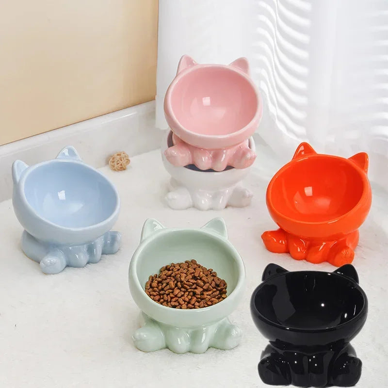 Elevated Ceramic Cat Bowl – Tilted Diagonal Design for Neck Support, Easy-Clean Pet Food & Water Dish