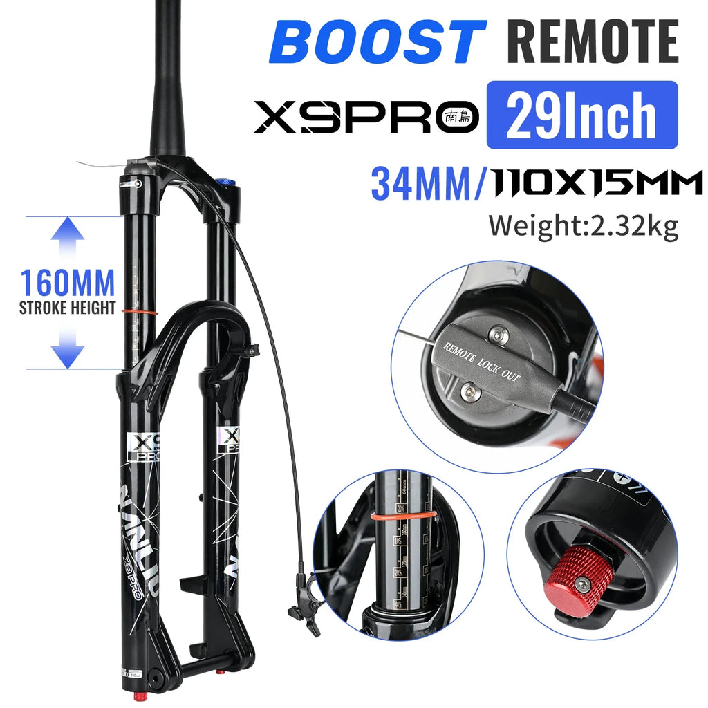 34mm MTB Suspension Fork for 26/27.5/29 in Wheels, Oil & Air Damping, 140/160mm (5.5/6.3 in) Travel with Metal Bushings