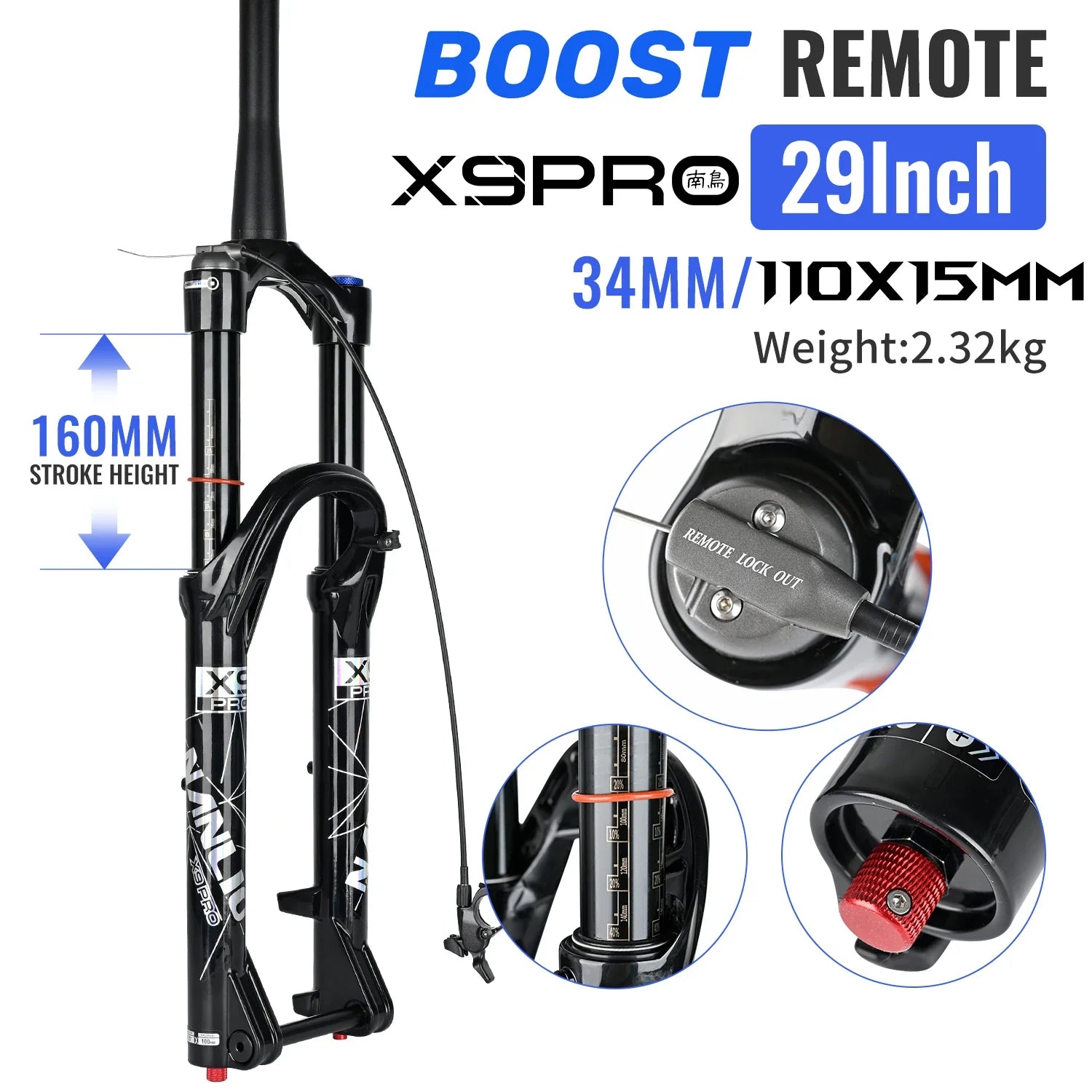 34mm MTB Suspension Fork for 26/27.5/29 in Wheels, Oil & Air Damping, 140/160mm (5.5/6.3 in) Travel with Metal Bushings