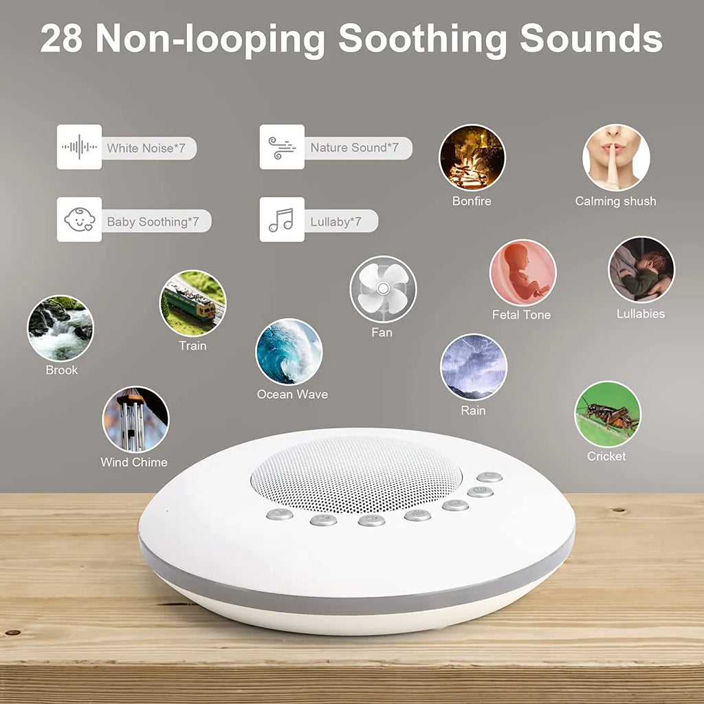 Portable White Noise Machine for Baby - 28 Sounds, USB-C Rechargeable Sleep Soother with 7-Color Night Light & Timer