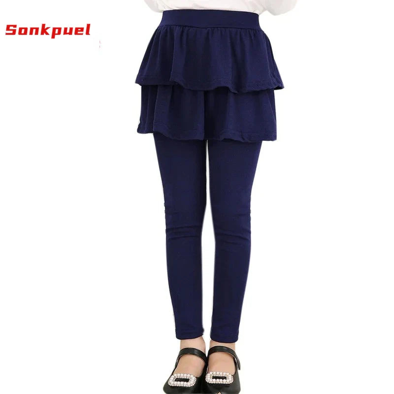 Girls Skirted Leggings - Cotton-Blend Ruffled Cake Skirt Pants for Ages 3–11 (Spring/Autumn)