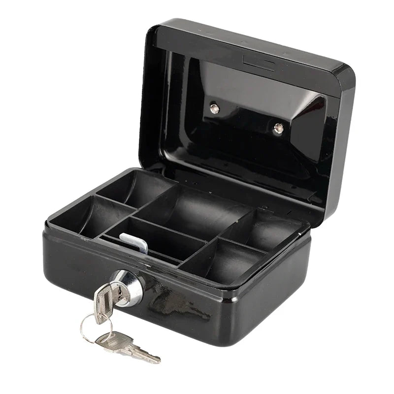 Portable Mini Steel Cash Box with Lock – Coin & Jewelry Safe with Removable Tray, 4.88 x 3.90 x 2.36 in (12.4 x 9.9 x 6 cm)