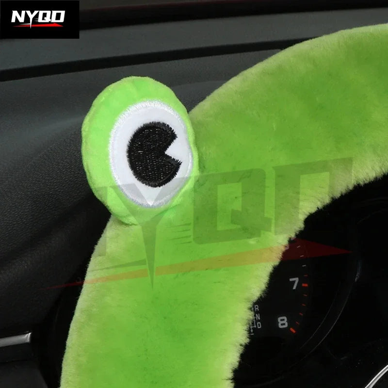 Plush Wool Steering Wheel Cover, Cartoon Frog Short Fur Car Wheel Protector, Fits 35–42 cm (13.8–16.5 in)