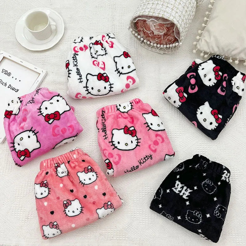 Hello Kitty Flannel Pajama Pants – Kawaii Cartoon Velvet Lounge Pants for Girls & Women, Fall Winter Home
