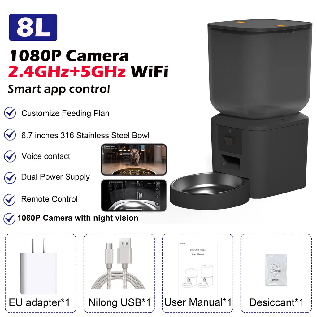 8L Automatic Pet Feeder with 1080P Camera, 2.4/5GHz WiFi, Stainless Steel Bowl, App Control & Voice Recorder