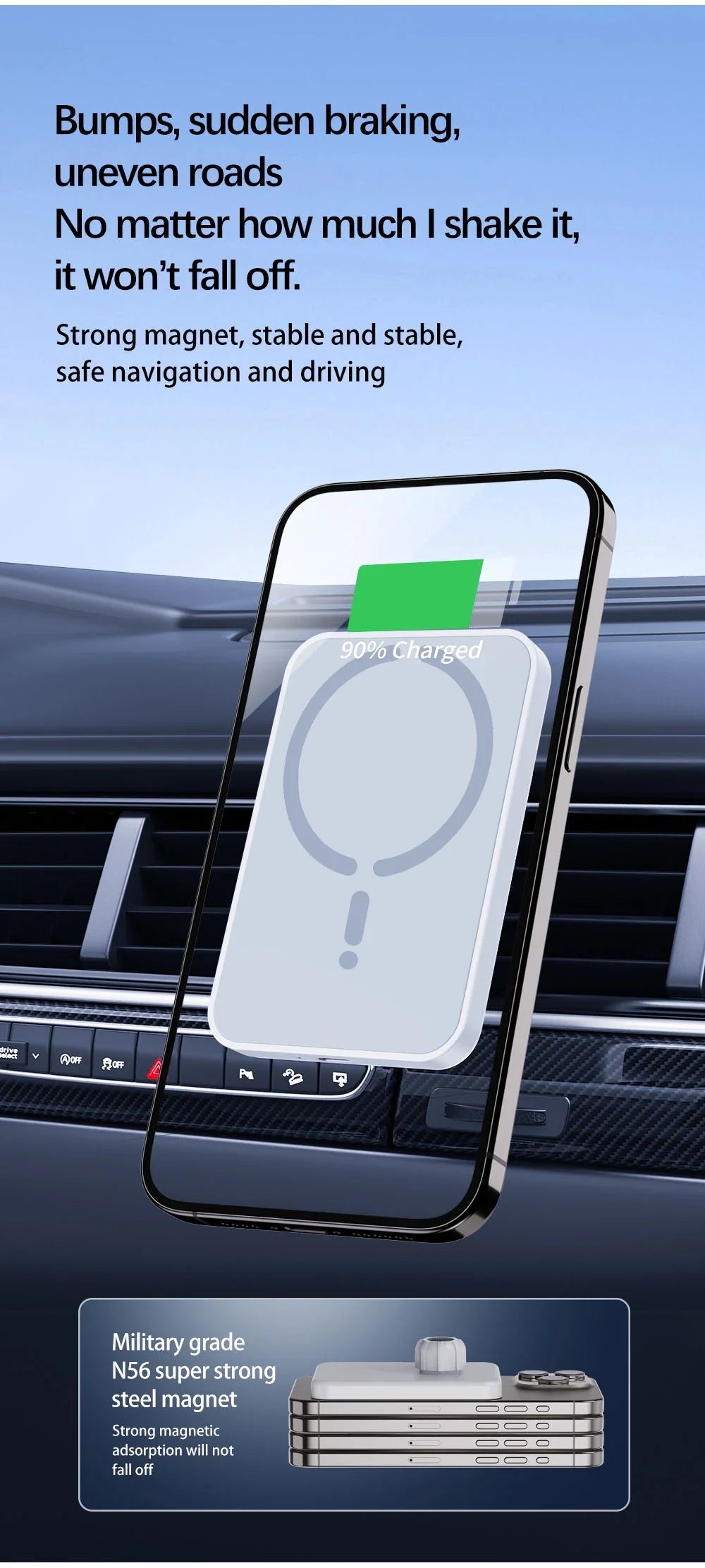 15W Magnetic Car Wireless Charger MagSafe-Compatible Air Vent Phone Holder 360° Rotating Fast Charging USB-C