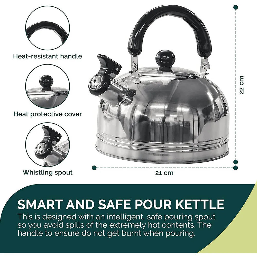 2L (68 fl oz) Stainless Steel Whistling Kettle – Portable Camping Teapot & Coffee Pot with Folding Handle