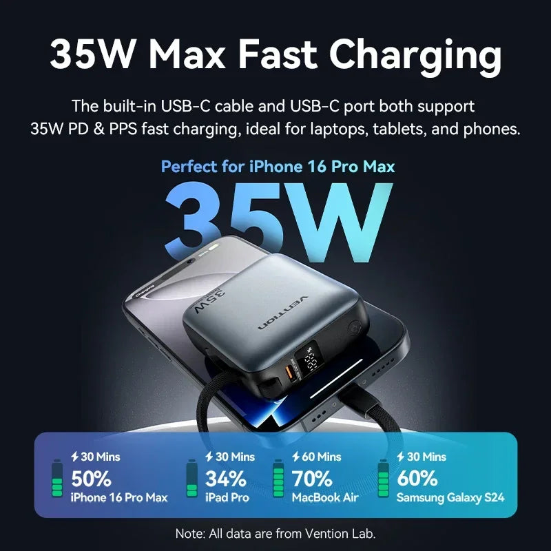 10000mAh 35W USB-C Power Bank with Built-In Cable & LED Display - Portable Fast Charger for iPhone, Android, MacBook Air
