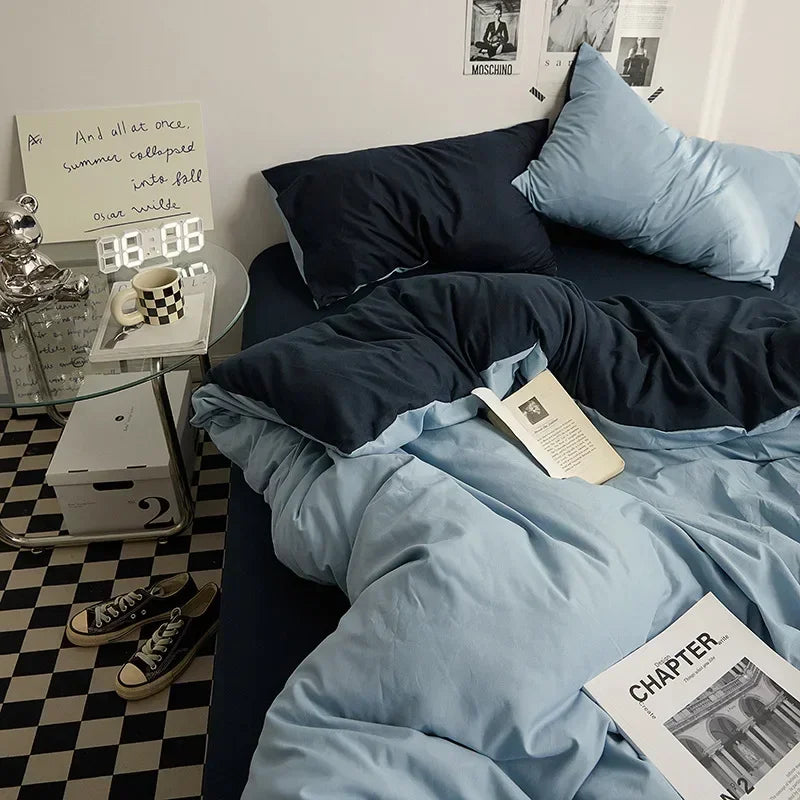 Washed Cotton Solid 4-Piece Bedding Set – 1.5 m (5 ft / 60 in) & 1.8 m (6 ft / 72 in) Duvet Cover, Fitted Sheet & Envelope Pillowcases