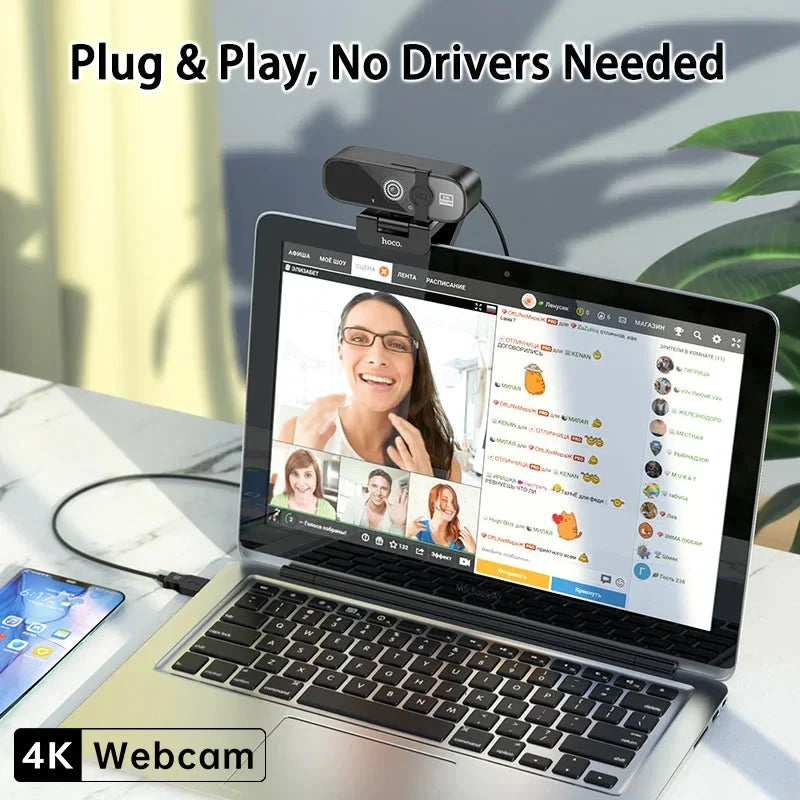 4K USB Webcam with Autofocus & Built-In Microphone — 2K/1080P Options, Privacy Cover, Plug-and-Play