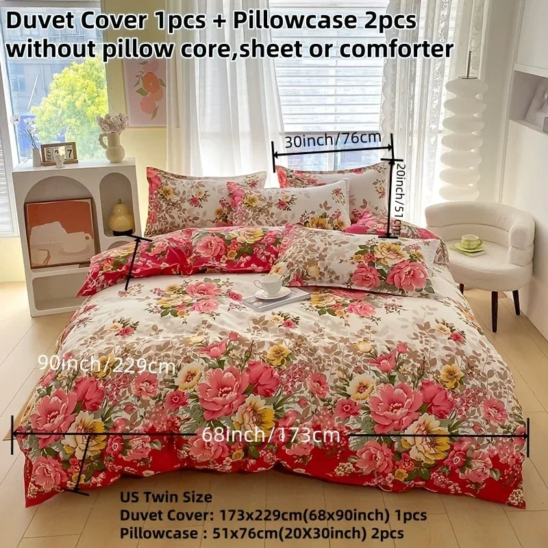 Floral Microfiber Duvet Cover Set with Zipper Closure - 3-Piece Reversible Botanical Print Bedding (1 Duvet Cover, 2 Pillowcases)