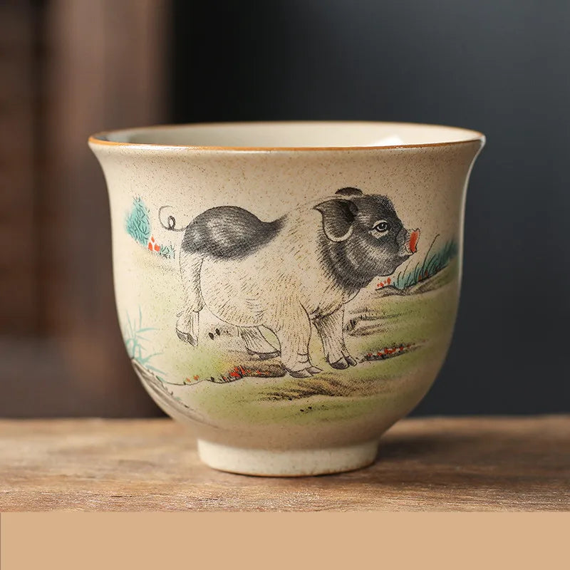 Handmade Zodiac Ceramic Teacup 110ml (3.7 fl oz) Vintage Pottery Tea Bowl for Meditation & Gongfu Tea