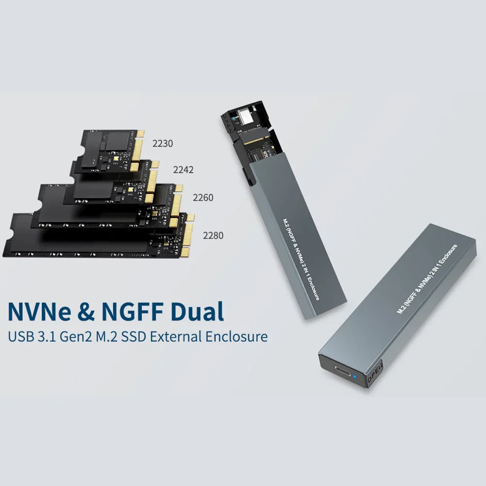 Dual-Protocol M.2 NVMe/SATA SSD Enclosure – USB 3.1 Gen2 10Gbps, Supports 2230/2242/2260/2280 (Type-C to C/A)