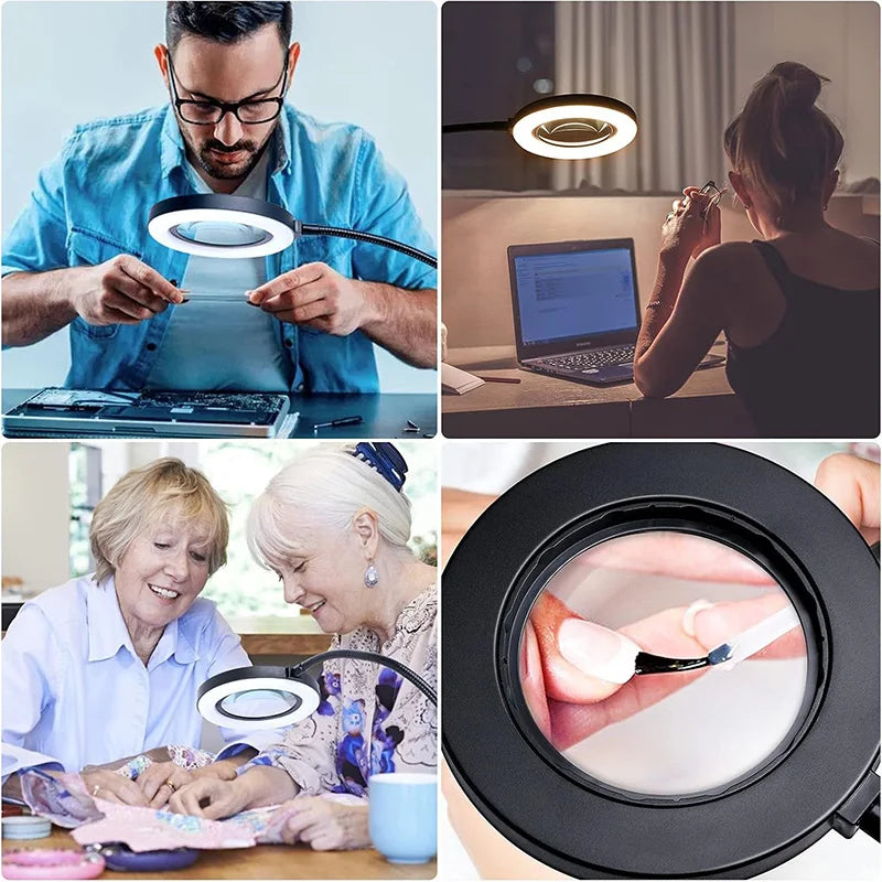 5X/10X LED Magnifying Glass with Light — 3 Color Modes, 10 Brightness Levels, 3.27-inch Glass Lens, Clip-On & Stand for Reading, Crafting, Manicure