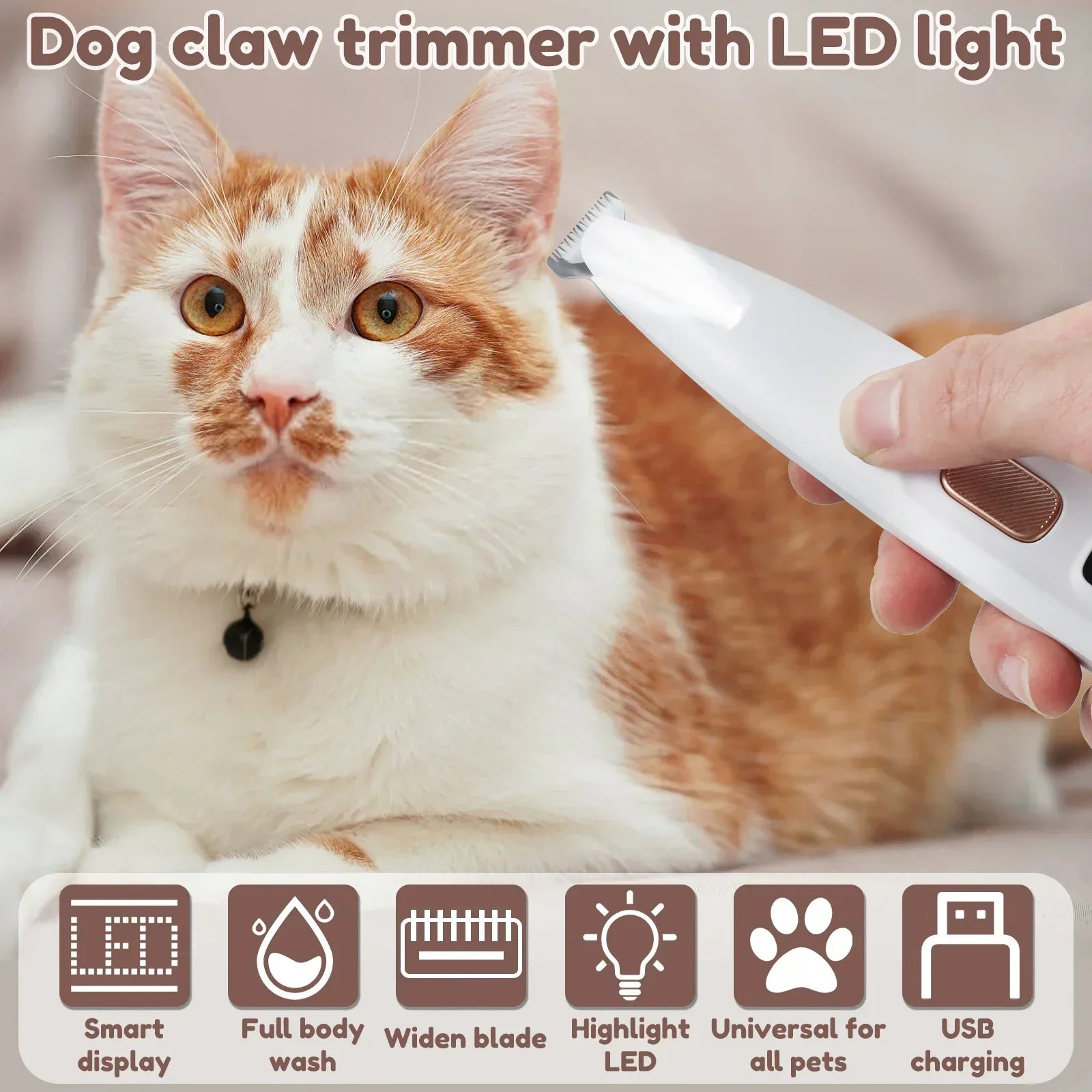 Dog Paw Trimmer with LED Light & Display — Cordless Waterproof Pet Hair Trimmer, 18mm Stainless Steel Blade