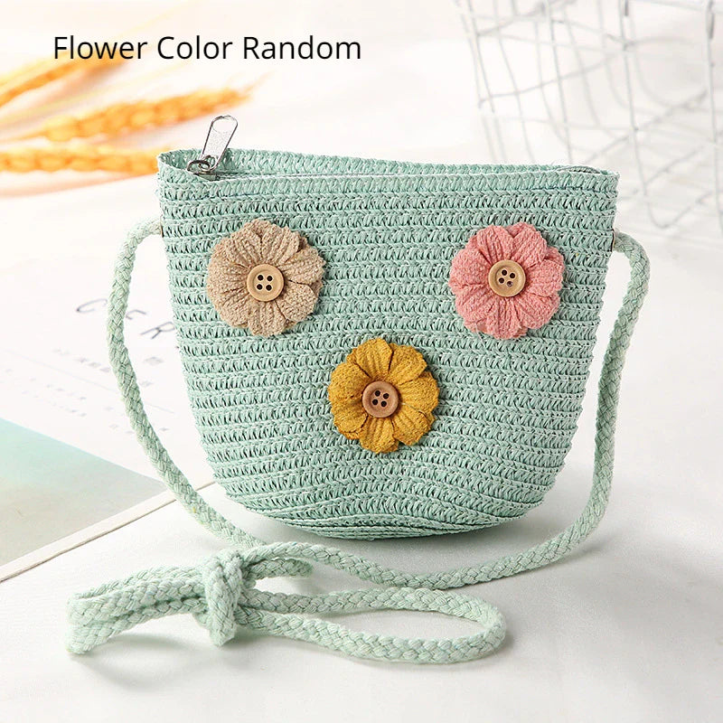 Girls Daisy Straw Mini Messenger Bag, Kids Shoulder Handbag with Coin Purse