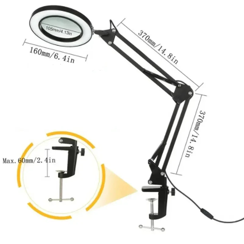 72-LED 8X/10X USB Illuminated Magnifying Glass Lamp - 4.2 in (106 mm) Lens, 3-Color Dimmable LED, Adjustable Arm & Clamp for Soldering, Crafts, Skincare
