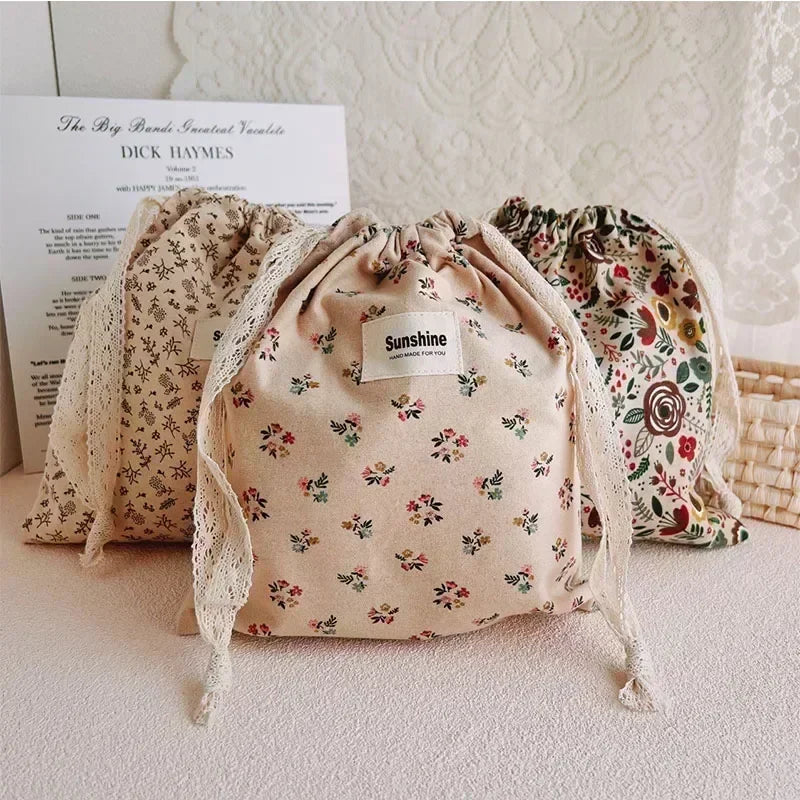 Printed Floral Diaper Bag – Cotton Drawstring Mommy Nappy Bag, Travel & Stroller-Friendly Organizer