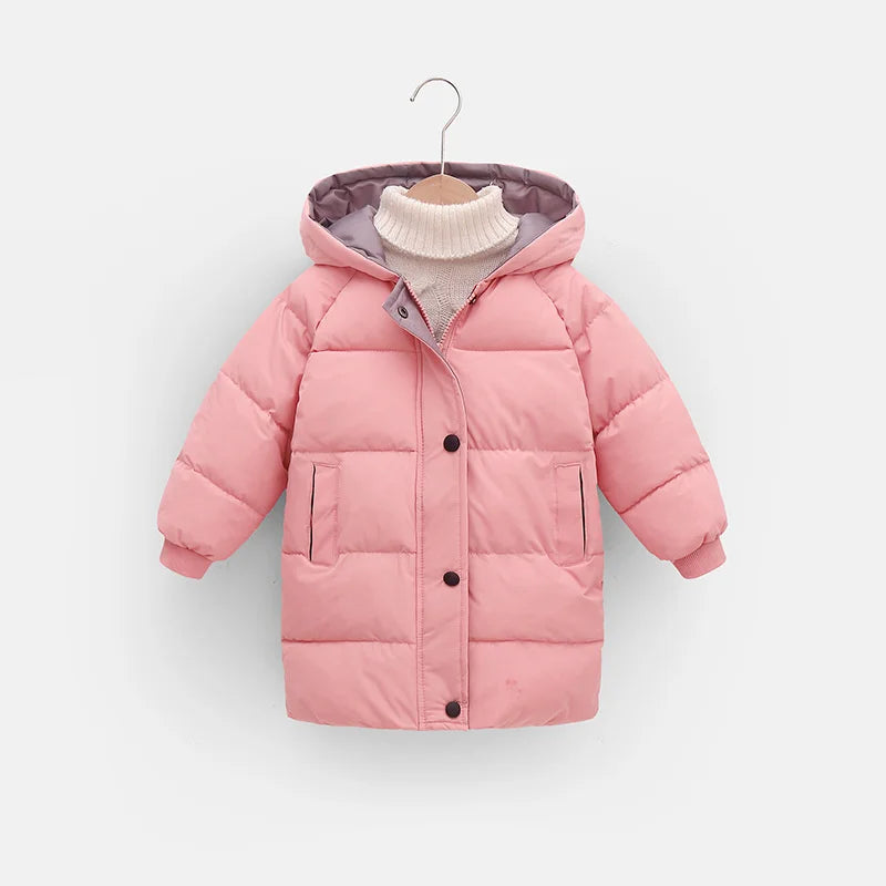 Kids Hooded Long Down Parka Coat - Warm Zippered Winter Jacket for Boys & Girls