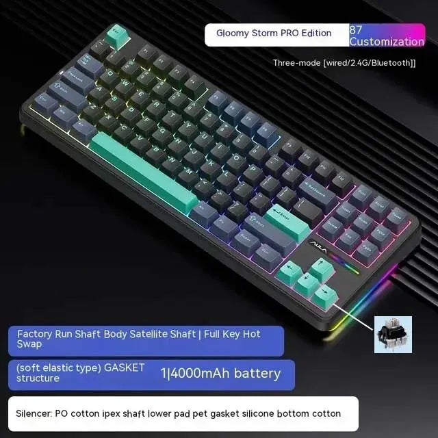 87-Key Tri-Mode Mechanical Keyboard - 2.4G USB Bluetooth, RGB PBT Keycaps, Hot-Swappable Gasket Design, 4000mAh Battery