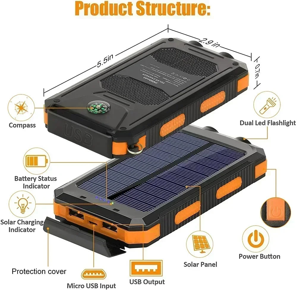 Solar Power Bank Waterproof – Fast Charging Portable Powerbank with Dual USB, SOS LED Light & Compass